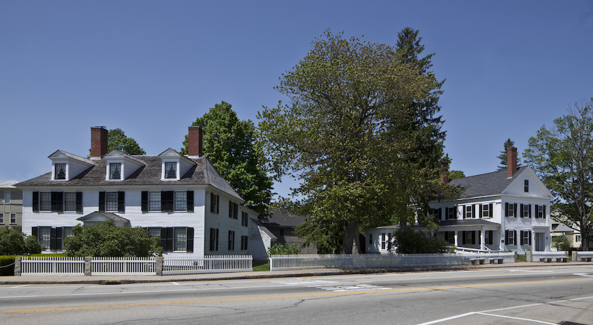 Two white houses with a fence, sidewalk, and street in front, with green-leafed trees and a blue sky background