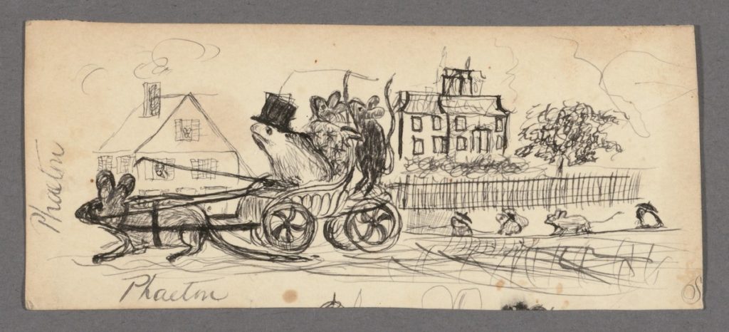 Pencil sketch of a cart pulled by a mouse, driven by a frog in a top hat holding the rains and a whip, with two mice passengers. In the background, two houses, a fence, a tree, and mice walking on a sidewalk.