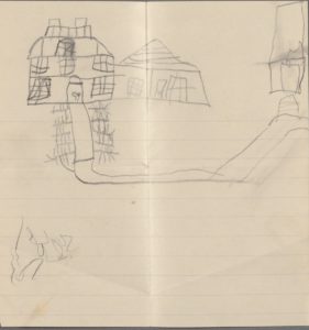 A child's drawing of a house, a barn, and a walkway from the house to another house.
