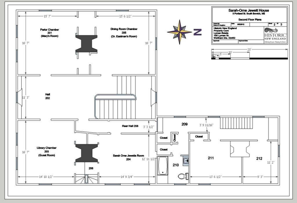 A floor plan showing four bedrooms, a hall and stairway, and an ell.