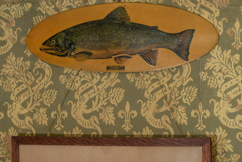 A large, oval plaque with a painted picture of a trout on a golden yellow background.
