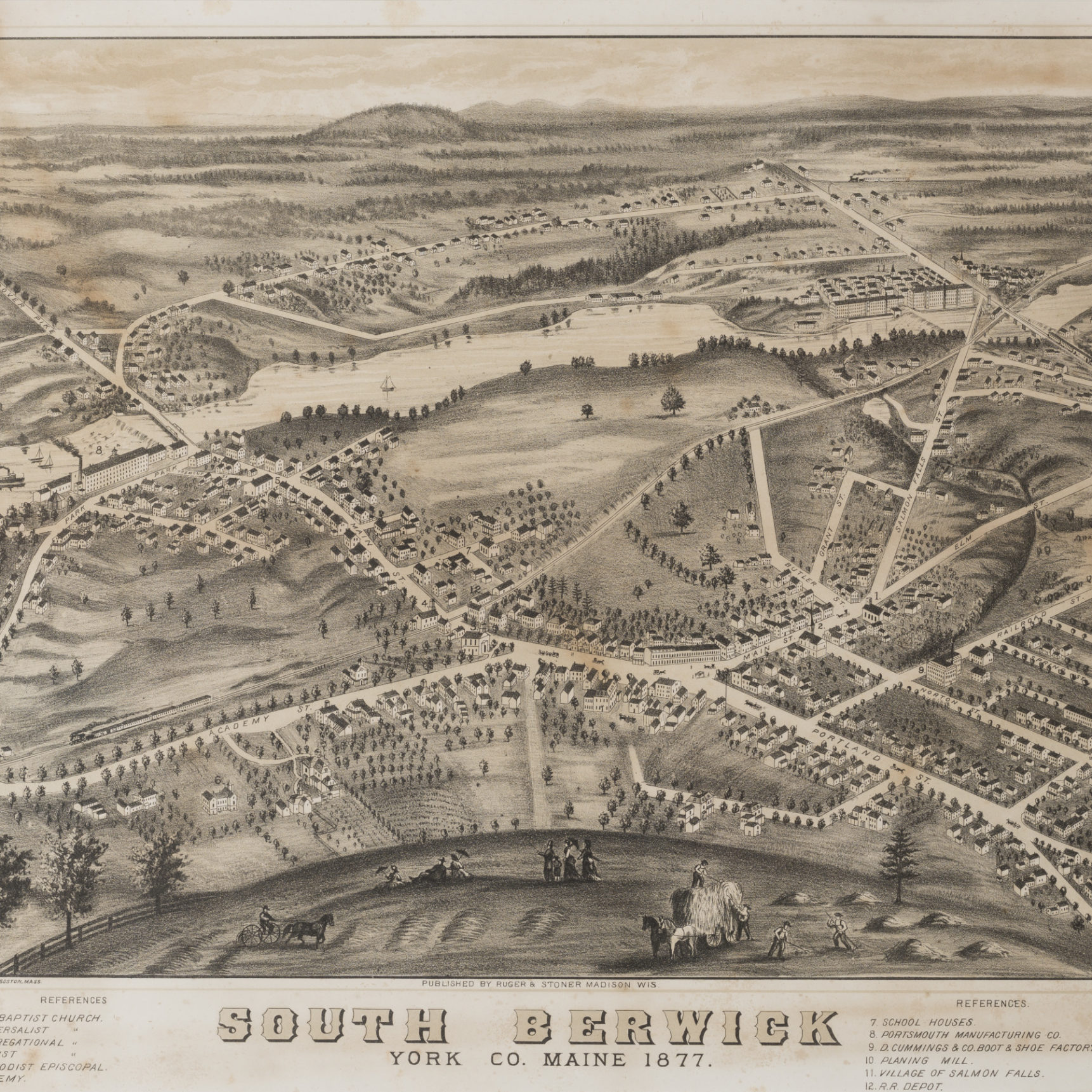 Map showing town of South Berwick from above with meticulously drawn and labelled streets, buildings, and natural features.
