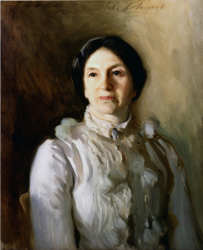 Painted portrait of a middle-aged white woman with black hair in a high-collared white 19th century dress with a brooch at her neck.