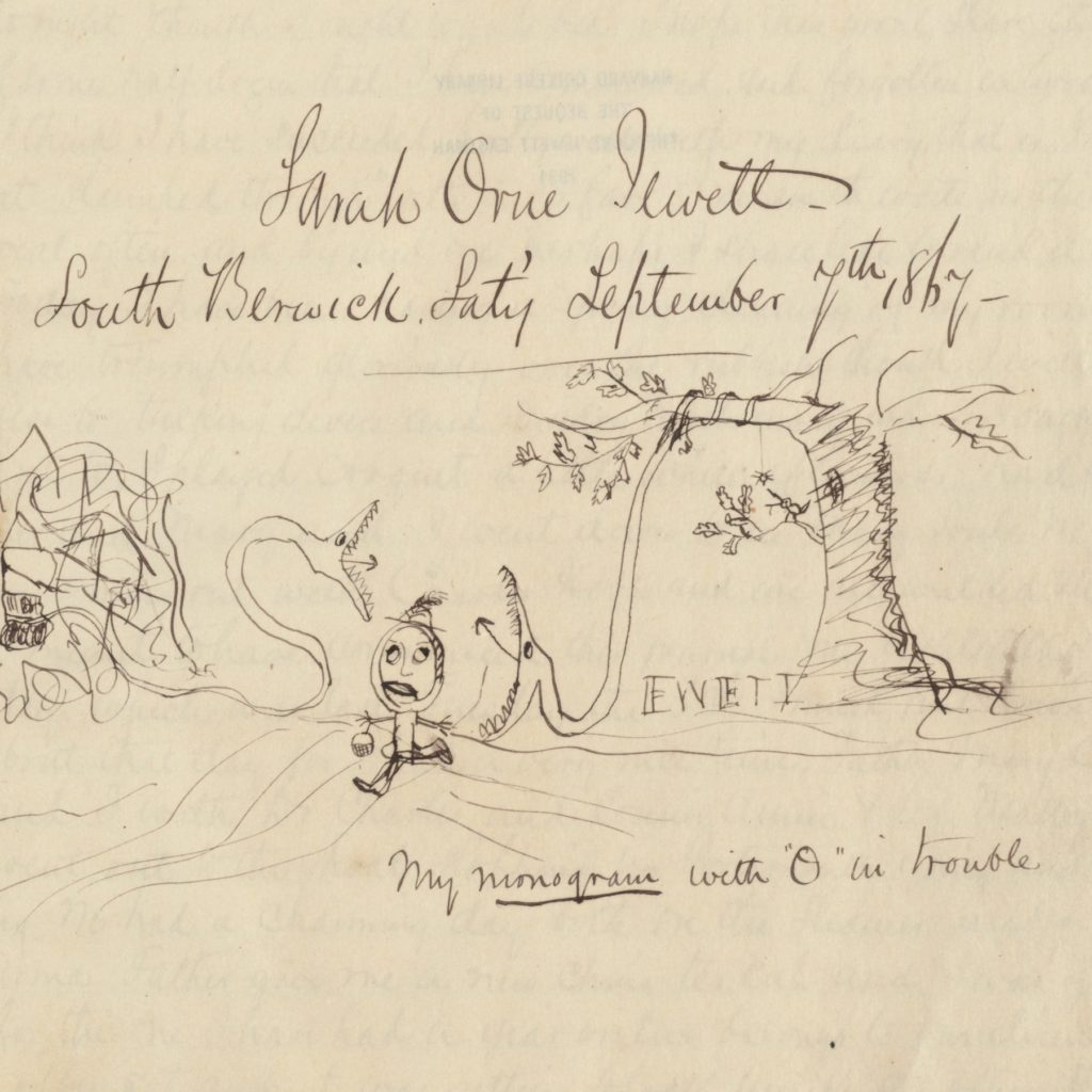 Pencil sketch in which the letters S and J take the form of snakes with mouths wide open. In between them, a person with the letter O for a head runs away.